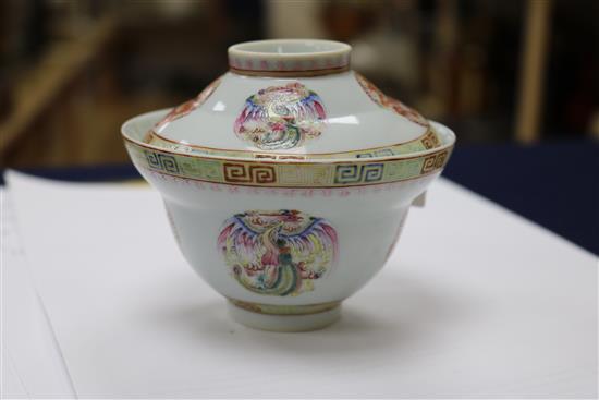 A Chinese celadon glazed dish, a Jun type tripod dish and a famille rose bowl and cover